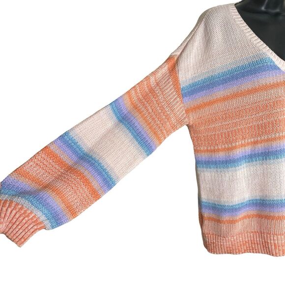 Loft Sweater Womens L Pastel Striped V-Neck Pullover Boho Preppy Slouchy Casual - Picture 8 of 11